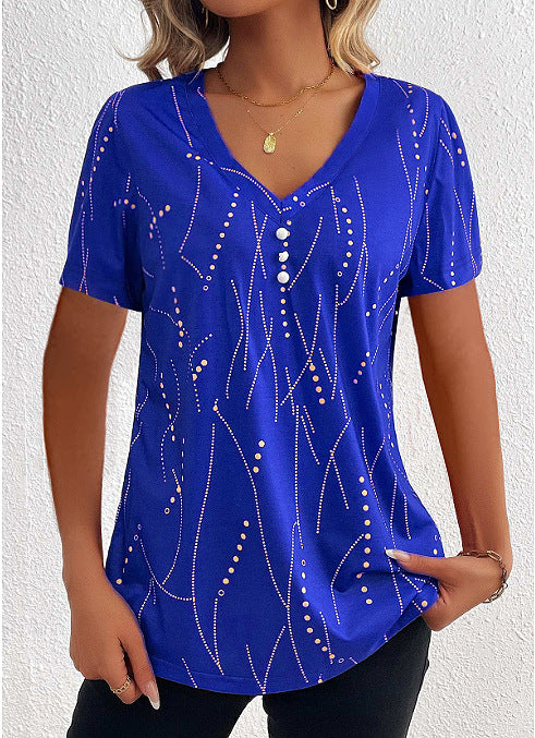 New V-neck Printed Button T-shirt Summer Fashion Leisure Short-sleeved Top Womens Clothing