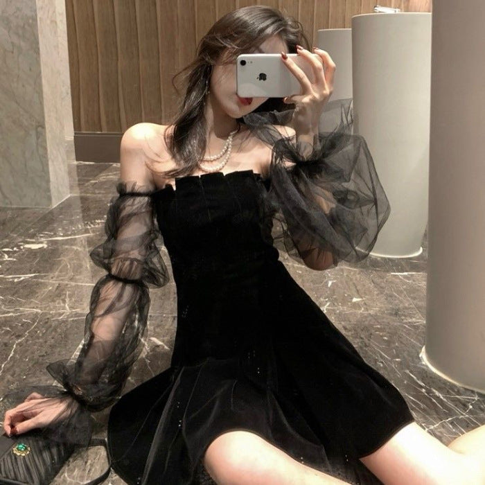 Temperament Mesh Bubble Sleeve Off Shoulder Waist Dress