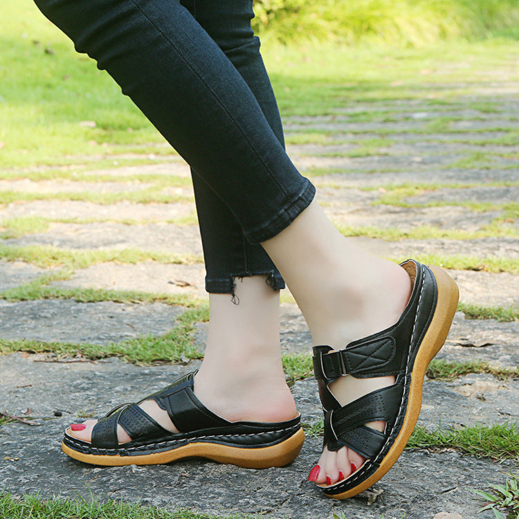 Large Size Wedge Sandals Hollow Cross Ladies Sandals