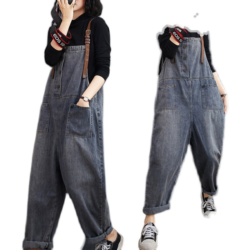 Women's Loose-washed Nine-point Denim Overalls