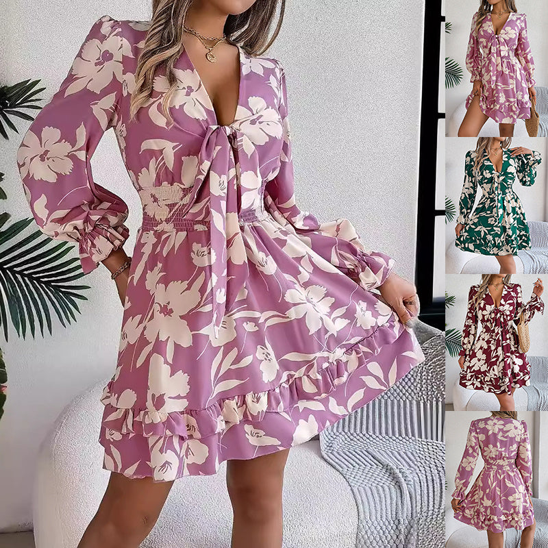 New Floral Printed V-Neck Long Sleeve Dress Fashion Ruffles Bowknot A-Line Short Dress Women's Clothing