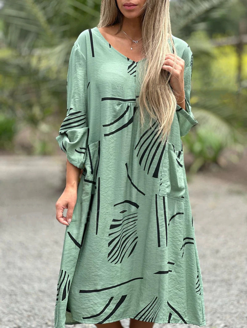 Fashion Printed V Neck Long Sleeve Dress Casual Loose Straight Dress Women's Clothing