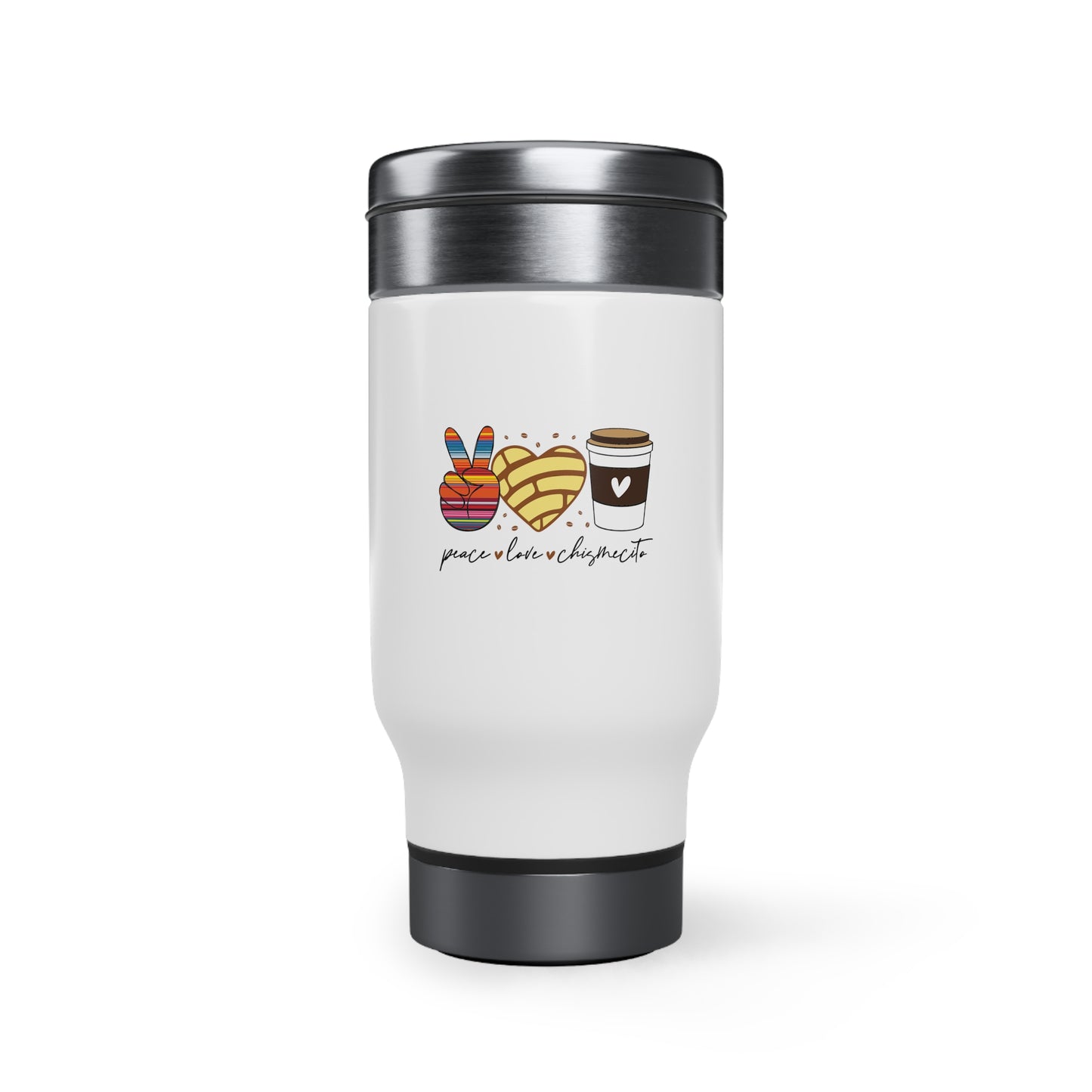 Peace Love Coffee Stainless Steel Travel Mug with Handle, 14oz Spanish