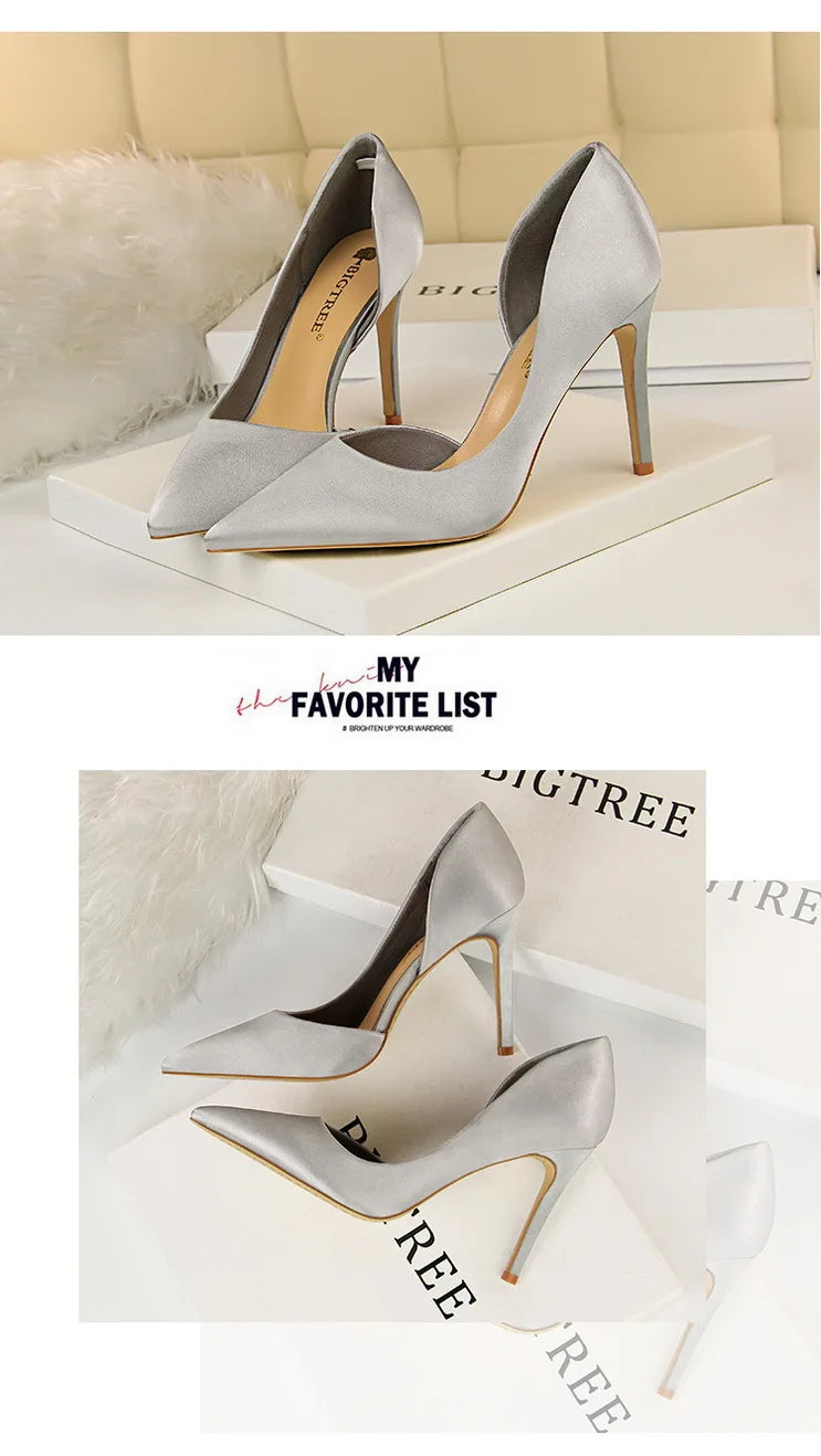 BIGTREE Shoes Sexy Woman Pumps Black Blue Sliver Women Heels Silk High Heels Women Shoes Stiletto Heels 9.5 Cm Ladies Shoes