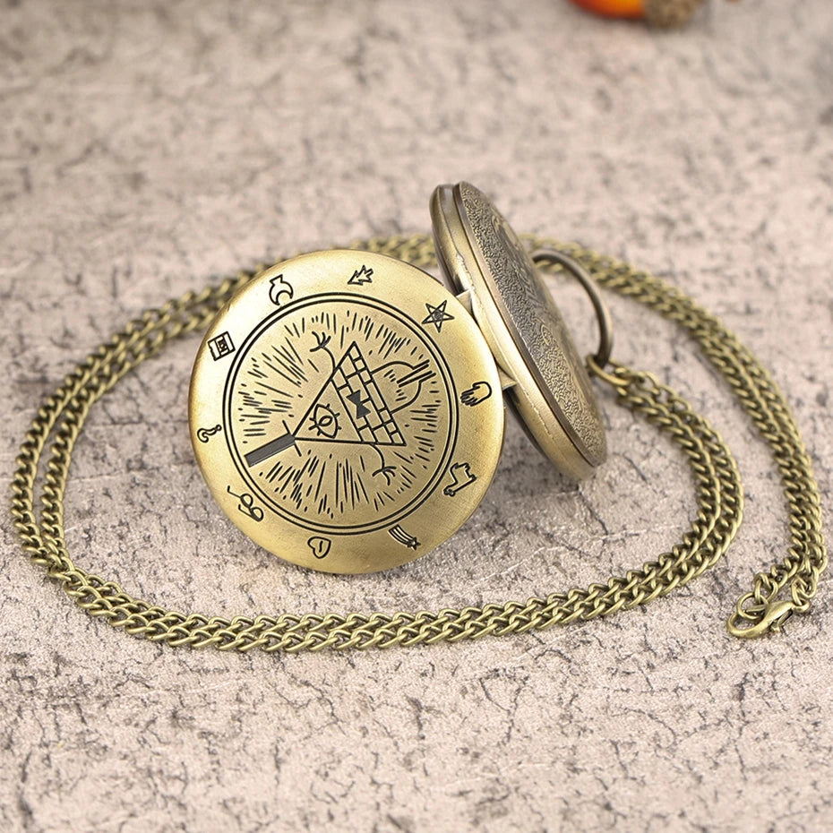 Eye of Providence Weird Town Triangle Devil Quartz Pocket Watch Gravity Bill Cipher Fall Time Gem Necklace Pendant Clock Gifts