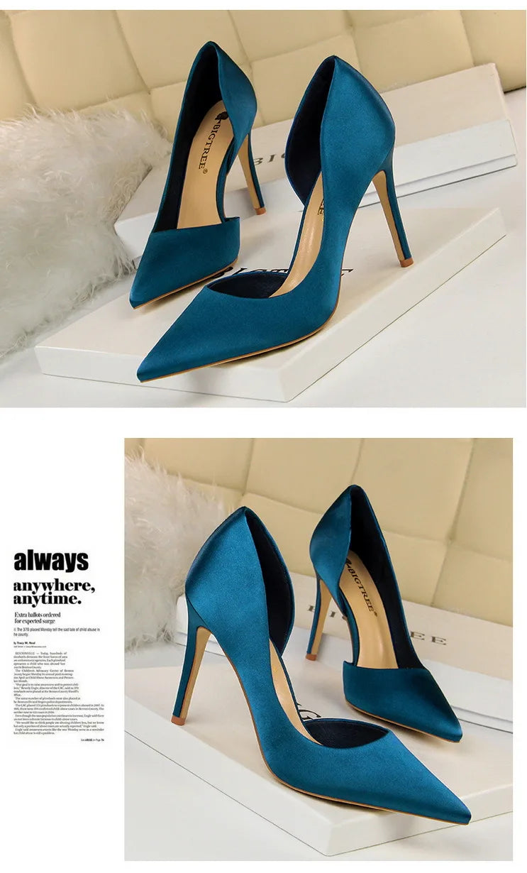 BIGTREE Shoes Sexy Woman Pumps Black Blue Sliver Women Heels Silk High Heels Women Shoes Stiletto Heels 9.5 Cm Ladies Shoes