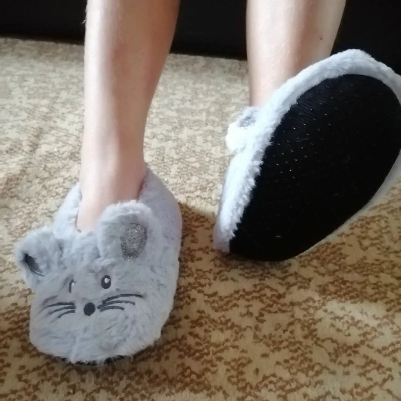 Home Fuzzy Slipper Women Winter Fur Contton Warm Plush Non Slip Grip Indoor Fluffy Lazy Female Mouse Ears Floor Shoe Living room