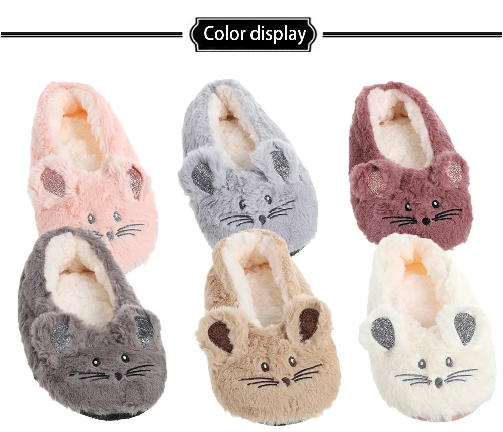 Home Fuzzy Slipper Women Winter Fur Contton Warm Plush Non Slip Grip Indoor Fluffy Lazy Female Mouse Ears Floor Shoe Living room