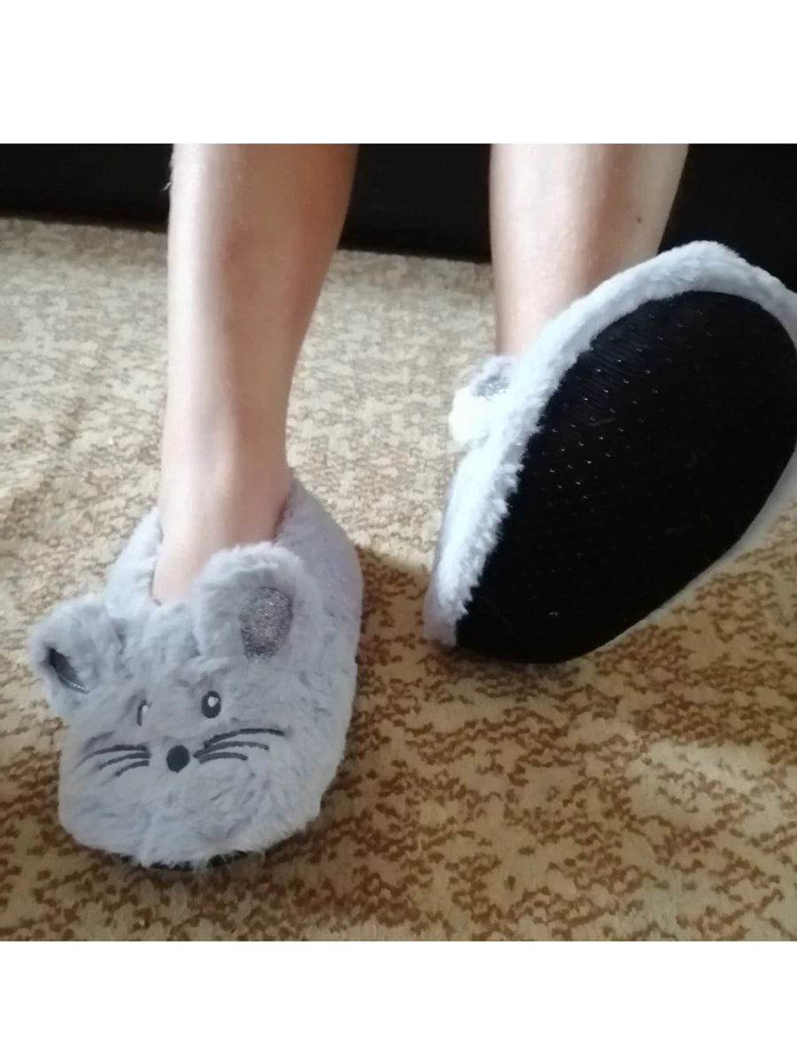 Home Fuzzy Slipper Women Winter Fur Contton Warm Plush Non Slip Grip Indoor Fluffy Lazy Female Mouse Ears Floor Shoe Living room