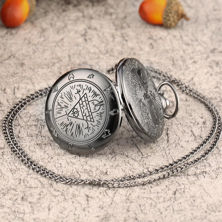 Eye of Providence Weird Town Triangle Devil Quartz Pocket Watch Gravity Bill Cipher Fall Time Gem Necklace Pendant Clock Gifts