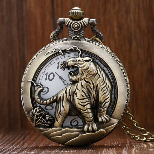 Bronze Tiger Hollow Quartz Pocket Watch Clock Necklace Pendant Womens Men GIfts Reloj De Bolsillo Dropshipping