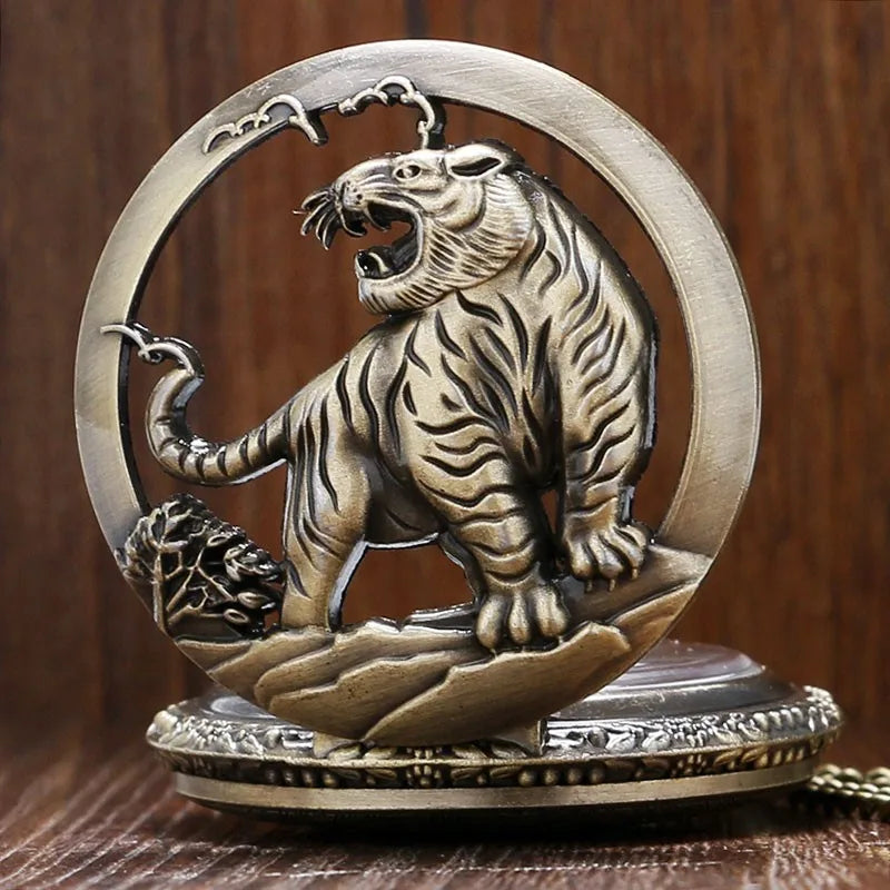 Bronze Tiger Hollow Quartz Pocket Watch Clock Necklace Pendant Womens Men GIfts Reloj De Bolsillo Dropshipping