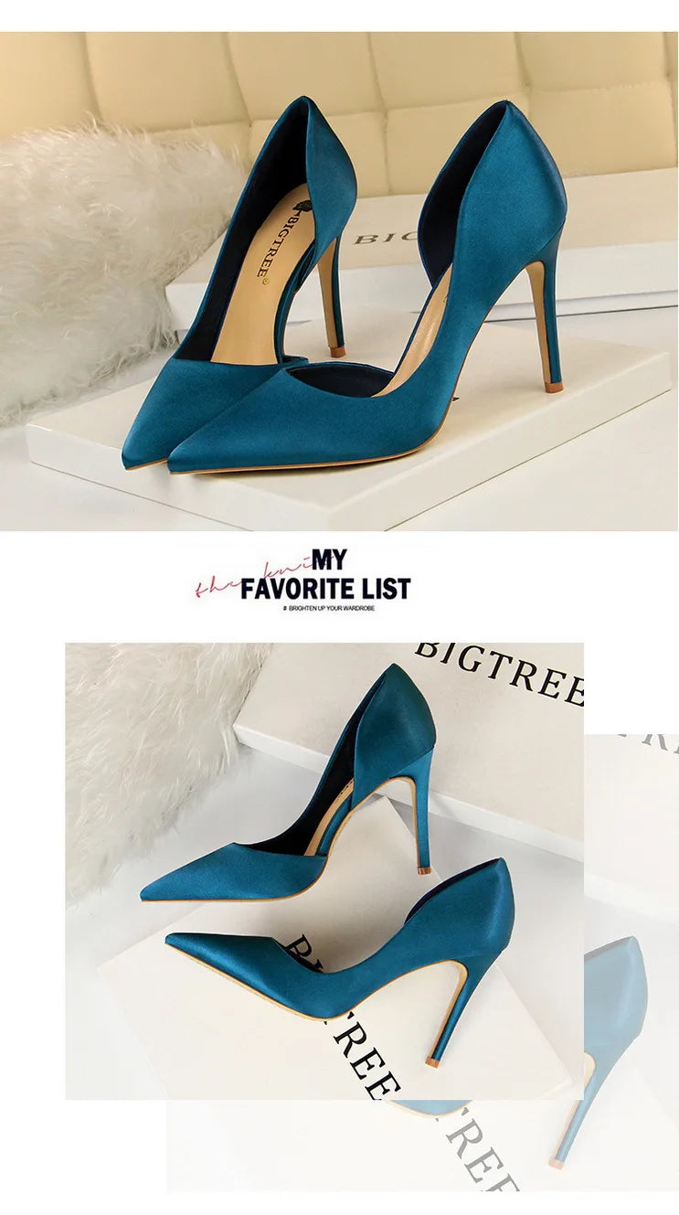 BIGTREE Shoes Sexy Woman Pumps Black Blue Sliver Women Heels Silk High Heels Women Shoes Stiletto Heels 9.5 Cm Ladies Shoes