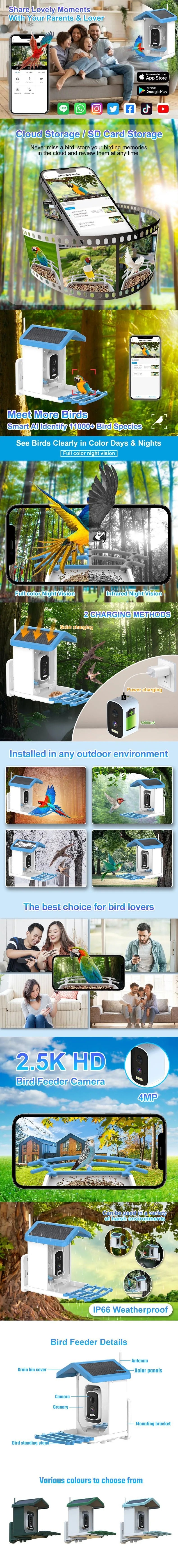 Bird Smart Feeder with 2.5K HD Camera Solar Low Power Night Vision IP66 Waterproof 4G or WIFI Connect Real Bird Species Feeder