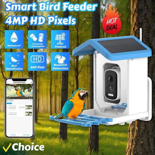 Bird Smart Feeder with 2.5K HD Camera Solar Low Power Night Vision IP66 Waterproof 4G or WIFI Connect Real Bird Species Feeder