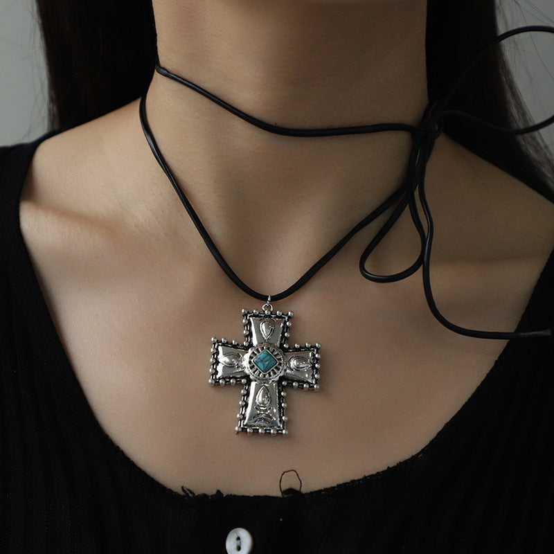 Personalized Turquoise Wax Rope Necklace Embossed Vintage Cross