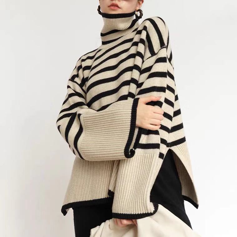 Fashion Striped Turtleneck Sweater Casual Loose Slit Design Sweater Winter Tops Womens Clothing