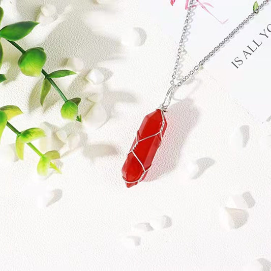 Copper Wire Winding Red Crystal Hexagonal Prism Pendant Necklace