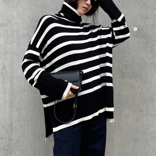 Fashion Striped Turtleneck Sweater Casual Loose Slit Design Sweater Winter Tops Womens Clothing