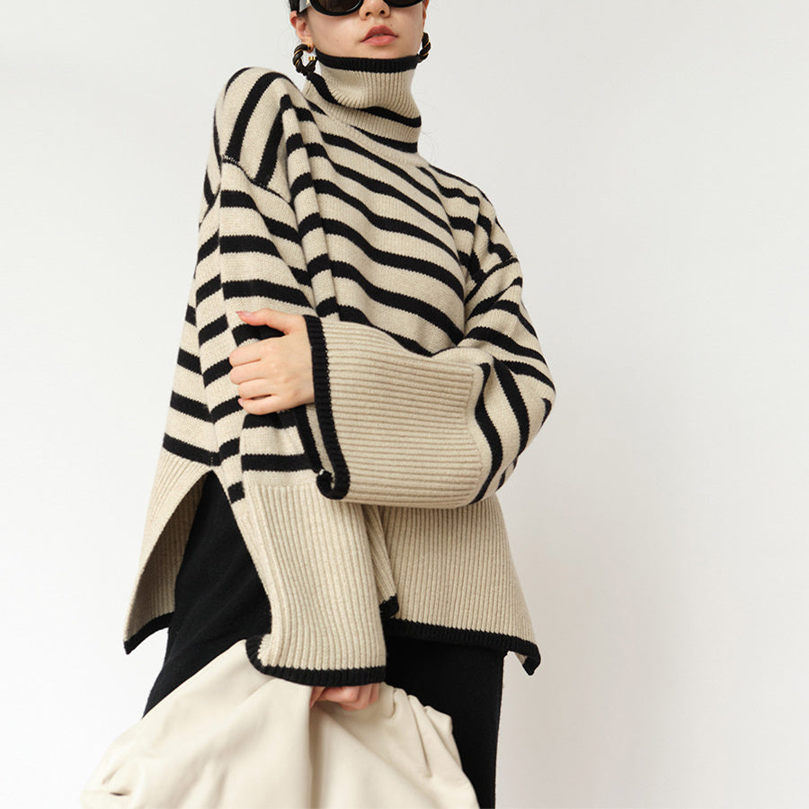 Fashion Striped Turtleneck Sweater Casual Loose Slit Design Sweater Winter Tops Womens Clothing