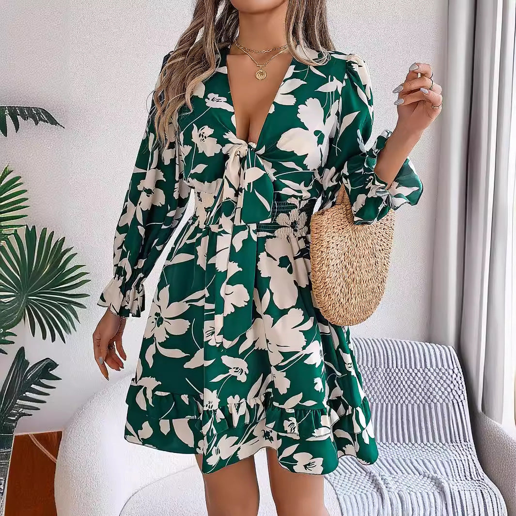 New Floral Printed V-Neck Long Sleeve Dress Fashion Ruffles Bowknot A-Line Short Dress Women's Clothing