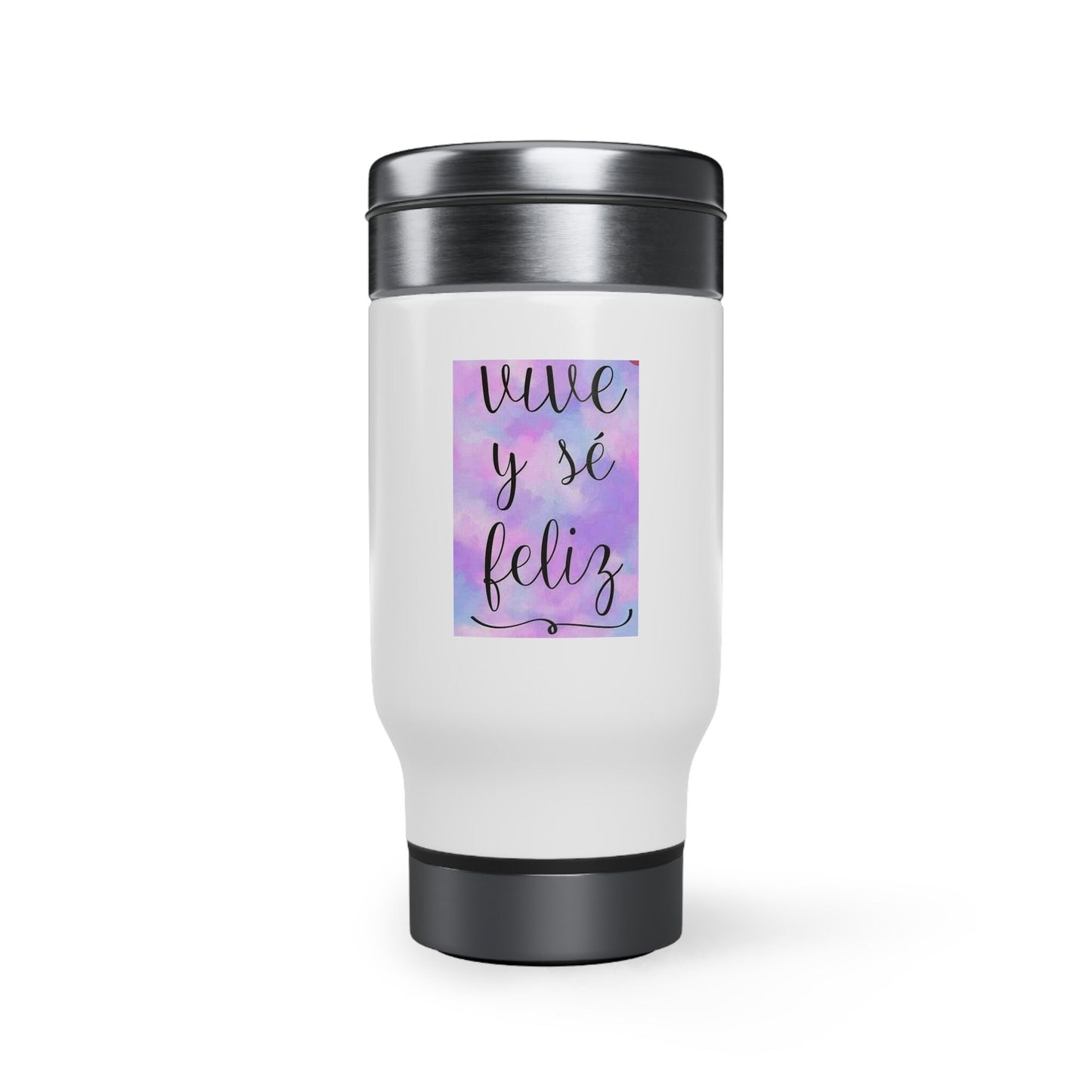 Live Be Happy Stainless Steel Travel Mug with Handle, 14oz Spanish